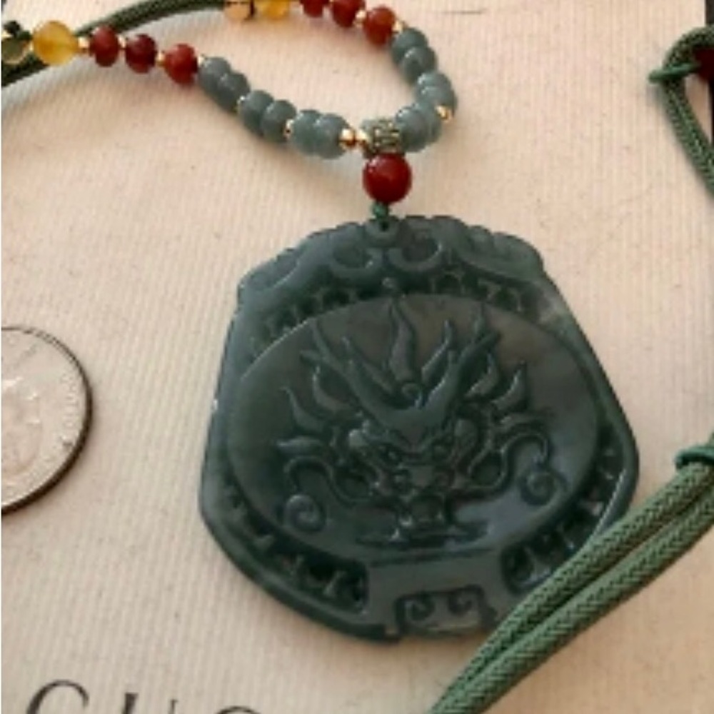 Double carving dragon Jade necklace 14 drop on cord to the pendant